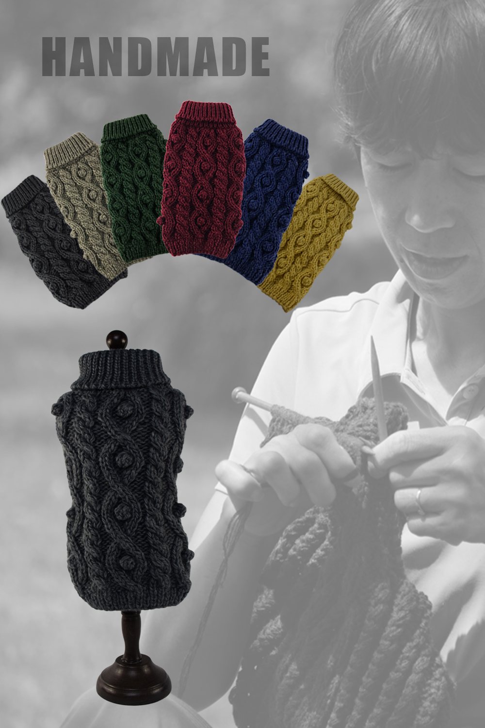 Knitted dog sweaters in a range of colours, shown with hand knitting